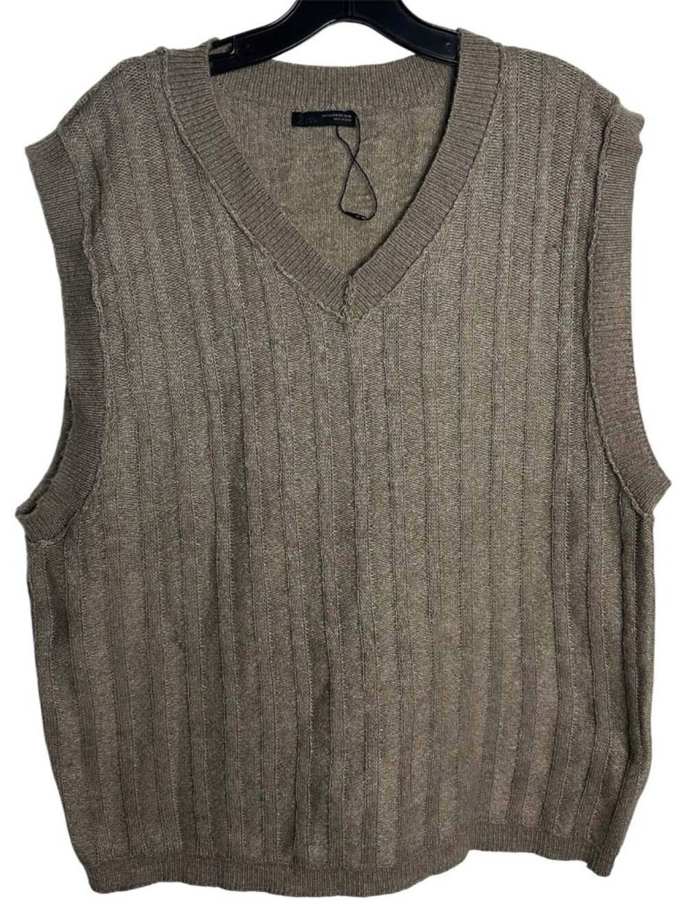 ZARA Men’s Ribbed Knit Sweater Vest Taupe  V-Neck Size S/M